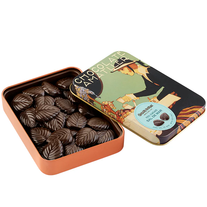 Amatller 70% Cacao Chocolate with Sea Salt Leaves Tin 60g