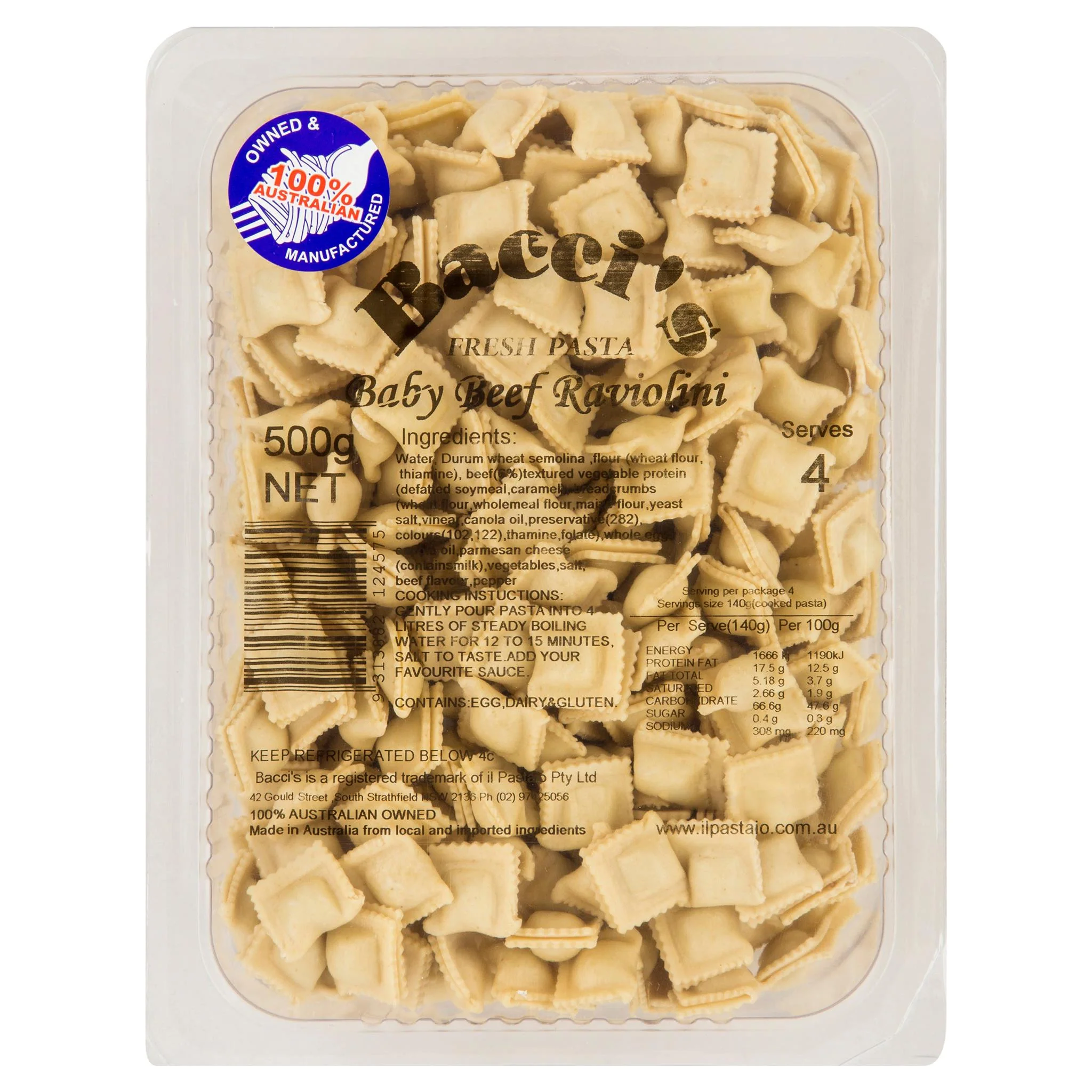 Baccis Fresh Pasta Baby Beef Ravioli 500g