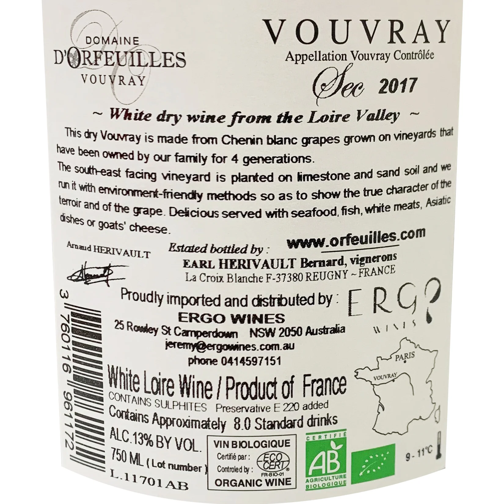 Domaine D'Orfeuilles Vouvray Organic Sec Loire Valley France 750ml - Image 2