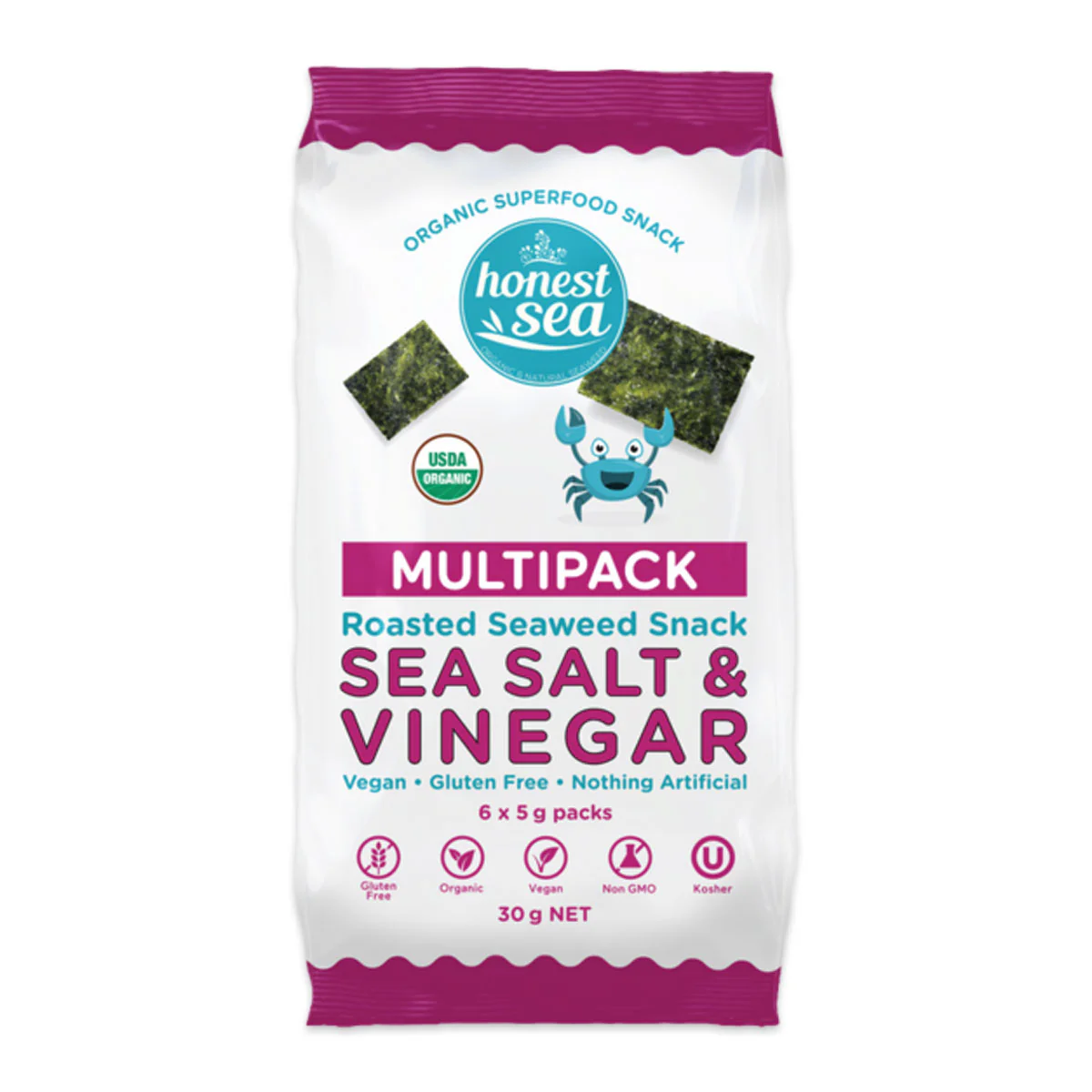 Honest Sea Organic Roasted Seaweed Snack Sea Salt and Vinegar 6 x 5g