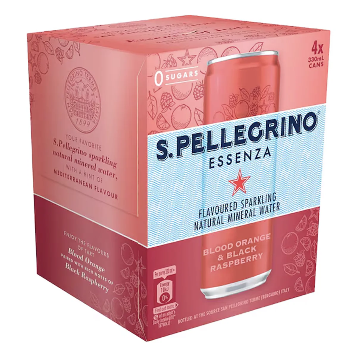 San Pellegrino Essenza Blood Orange and Black Raspberry Can 4x330ml